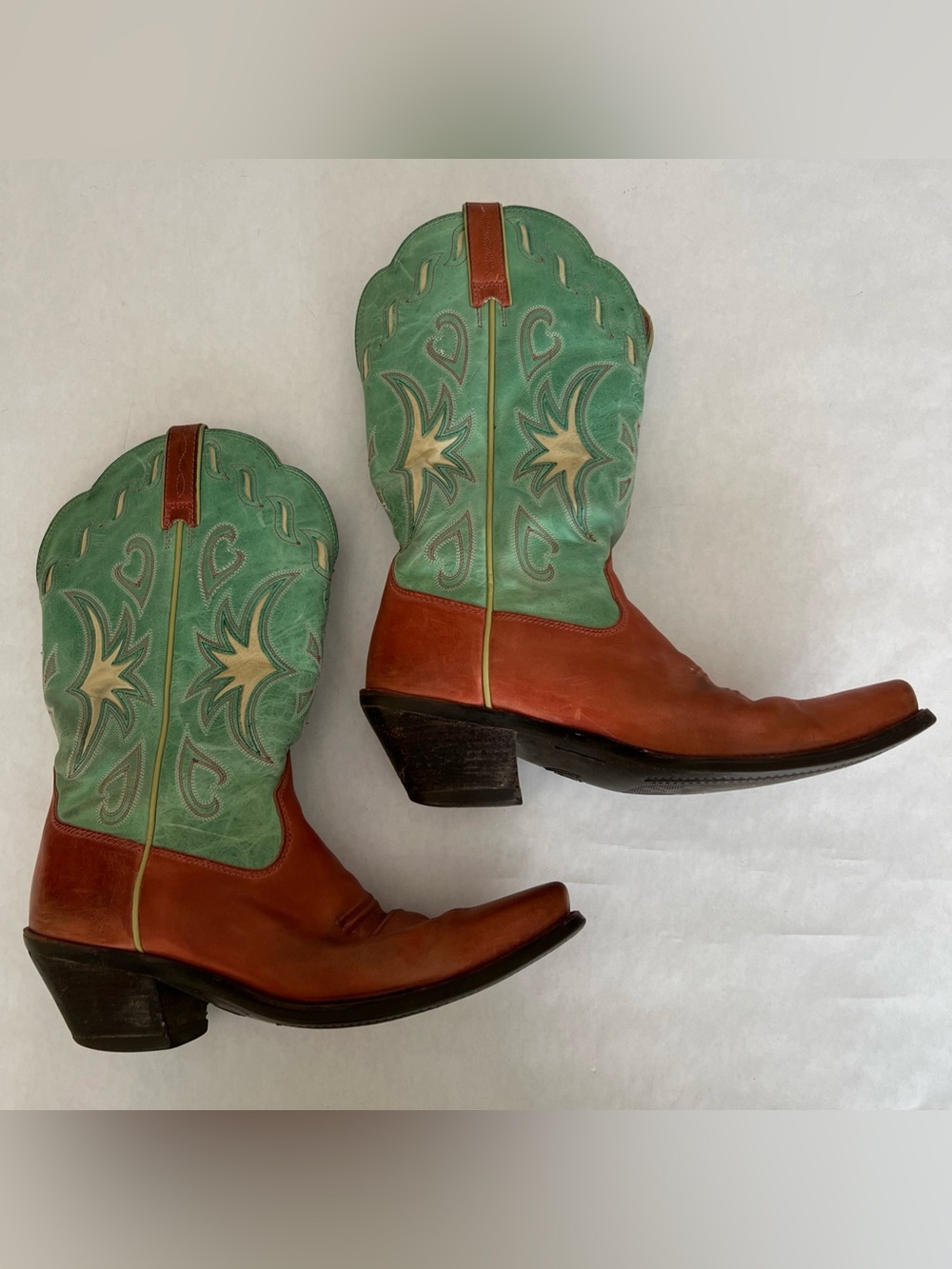 Rust Brown Leather Cowboy Boots with Mint Green Embroidered Shaft